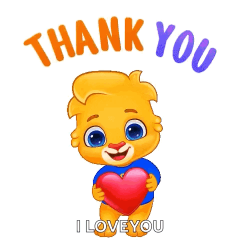 A Cartoon Lion Is Holding A Heart And Saying `` Thank You '' . GIF