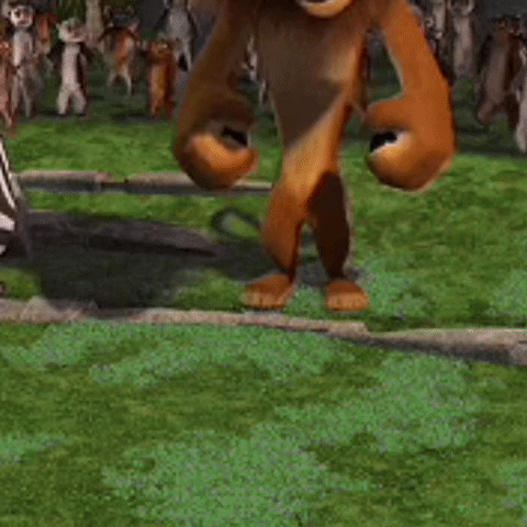 A Cartoon Lion Is Laying On The Grass With Its Mouth Open And A Crowd Of Monkeys Behind It . GIF