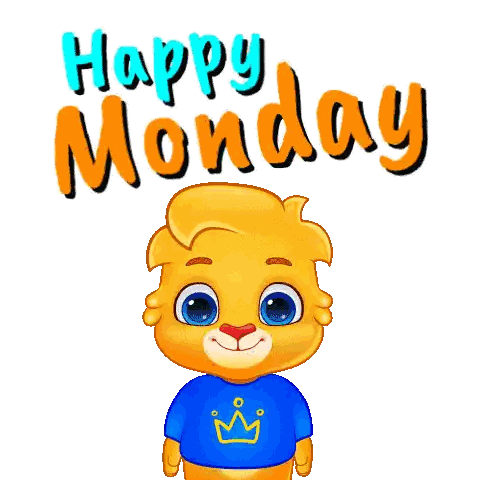 a cartoon lion is wearing a blue shirt with a yellow crown on it and says happy monday