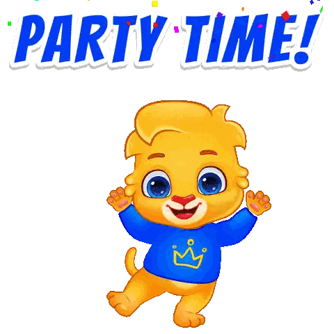 a cartoon lion wearing a blue shirt that says ' party time ' on it