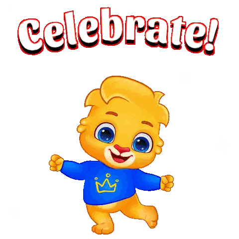 a cartoon lion wearing a blue shirt with a yellow crown on it says celebrate