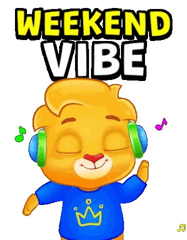 a cartoon lion wearing headphones with the words weekend vibe above him