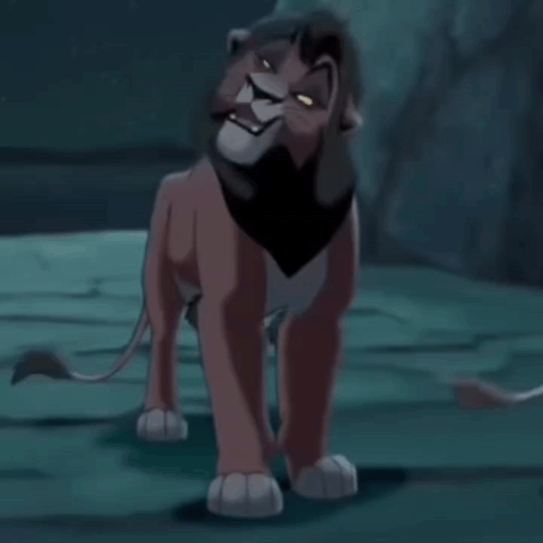 A Cartoon Lion With A Black Scarf Around Its Neck Is Standing In A Dark Room GIF