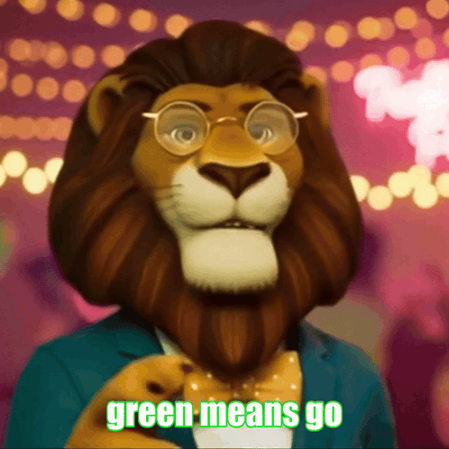 A Cartoon Lion With Glasses And A Bow Tie Says Green Means Go GIF