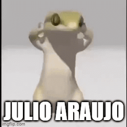 A Cartoon Lizard Is Standing In Front Of A White Background With The Words Julio Araujo Written On It . GIF