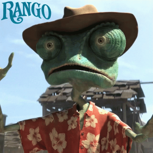 A Cartoon Lizard Wearing A Cowboy Hat And A Hawaiian Shirt With The Word Rango Behind Him GIF