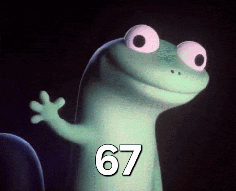 A Cartoon Lizard With The Number 67 On It 'S Chest GIF
