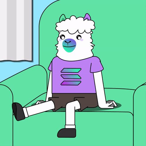 A Cartoon Llama Is Sitting On A Green Couch With A Purple Shirt On GIF