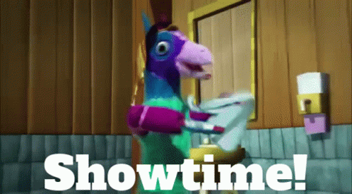 A Cartoon Llama Is Standing In Front Of A Mirror With The Words Showtime Written Below It GIF