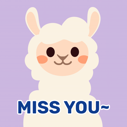 A Cartoon Llama Says " Miss You " In Blue Letters GIF