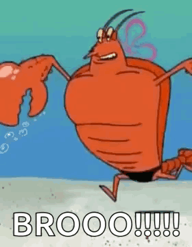 A Cartoon Lobster Is Running On The Beach With The Words `` Brooo '' Written On The Bottom . GIF