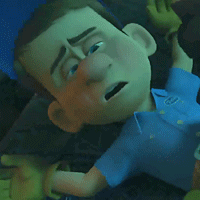 A Cartoon Man In A Blue Shirt Is Laying Down And Looking At Something GIF