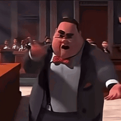 A Cartoon Man In A Suit And Tie Is Raising His Arms In The Air In A Courtroom GIF