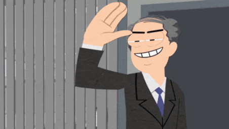a cartoon man in a suit and tie is waving