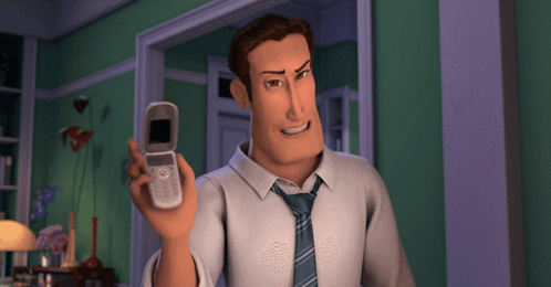 A Cartoon Man In A White Shirt And Tie Is Holding A Flip Phone GIF