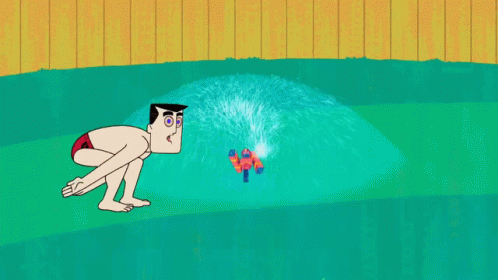 A Cartoon Man In Red Swim Trunks Stands In Front Of A Sprinkler GIF