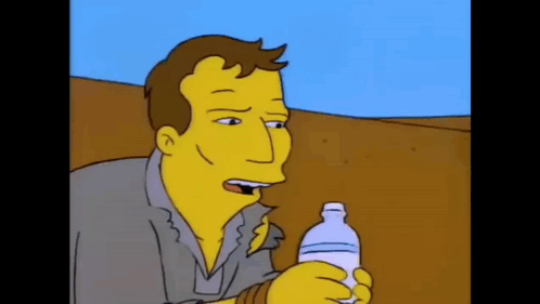 a cartoon man is holding a bottle of water in his hand