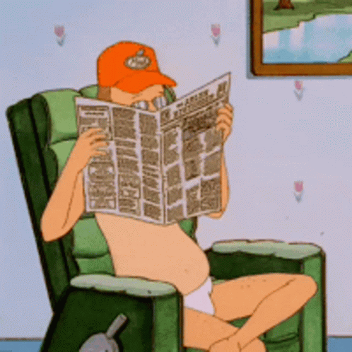 A Cartoon Man Is Reading A Newspaper While Wearing A Hat That Says ' King Of The Hill ' On It GIF