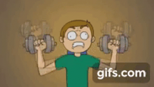 A Cartoon Man Is Sitting At A Table Next To A Bottle Of Whey Protein . GIF