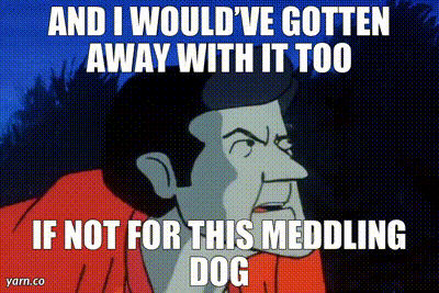 A Cartoon Man Says " And I Would Ve Gotten Away With It Too If Not For This Meddling Dog " GIF