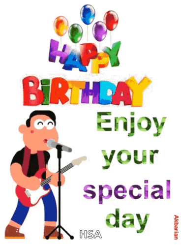 A Cartoon Man Singing Into A Microphone With The Words Happy Birthday Enjoy Your Special Day Below Him GIF