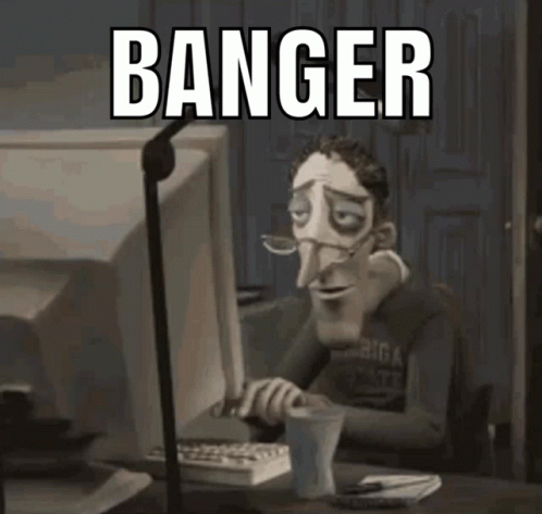 A Cartoon Man Sitting In Front Of A Computer With The Word Banger Written On The Screen GIF