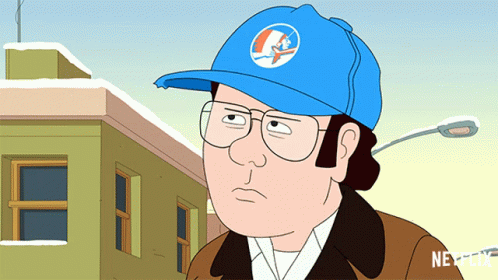 a cartoon man wearing glasses and a blue hat with the word netflix on it