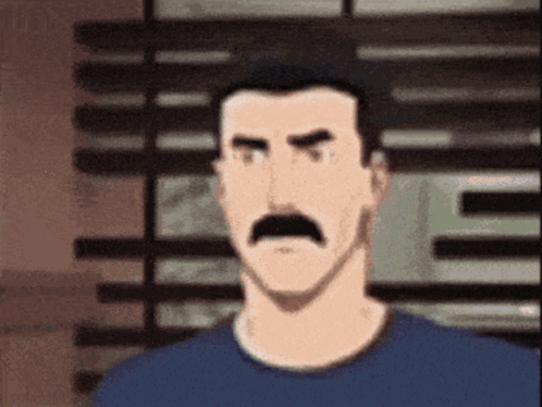 A Cartoon Man With A Mustache And A Blue Shirt Is Looking At The Camera . GIF
