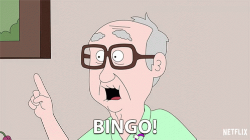 A Cartoon Man With Glasses Is Pointing Up And Saying " Bingo " GIF