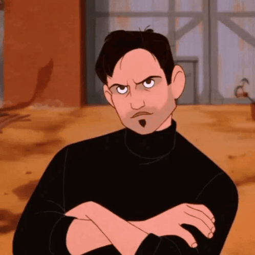 A Cartoon Man With His Arms Crossed Is Wearing A Black Turtleneck Sweater And Making An Angry Face . GIF