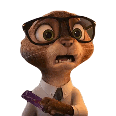 a cartoon meerkat wearing glasses and a tie holds a purple candy bar