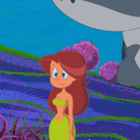 A Cartoon Mermaid With A Star In Her Hair Stands Next To A Shark GIF