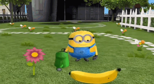 Minion Holding Green Watering Can And Banana GIF