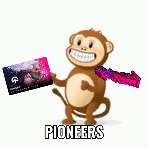 A Cartoon Monkey Holding A Card That Says Pioneers GIF
