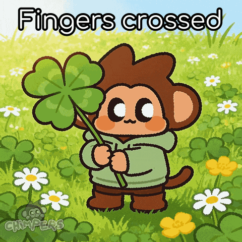 A Cartoon Monkey Holding A Four Leaf Clover With The Words Fingers Crossed Above Him GIF