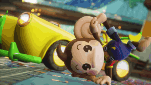 a cartoon monkey is doing a handstand in front of a car