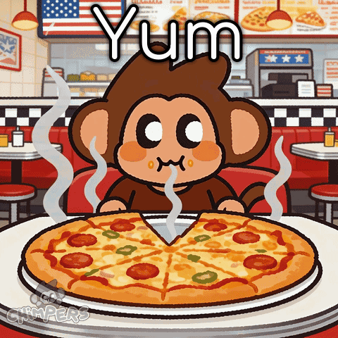 A Cartoon Monkey Is Eating A Pizza In A Diner And The Words Yum Are Above Him GIF