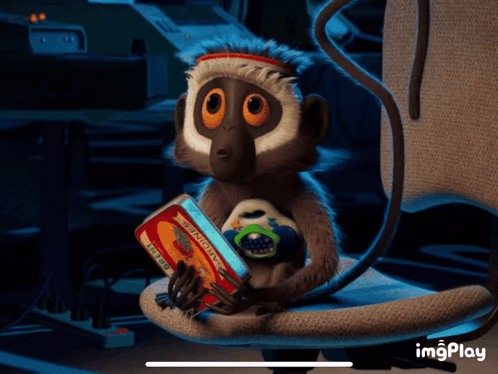 A Cartoon Monkey Is Holding A Book That Says ' Monkey ' On It GIF
