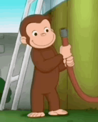 A Cartoon Monkey Is Holding A Red Hose In His Hand . GIF