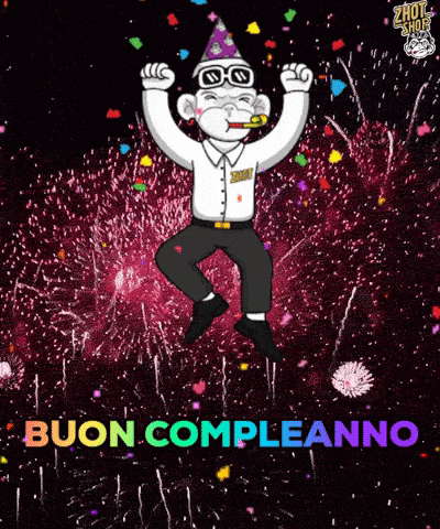 A Cartoon Monkey Is Jumping In The Air With The Words Buon Compleanno Written Below Him GIF