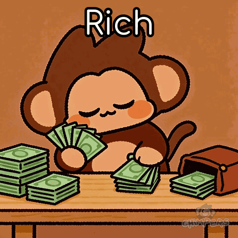 A Cartoon Monkey Is Sitting At A Table With Stacks Of Money And The Word Rich Written Above It GIF