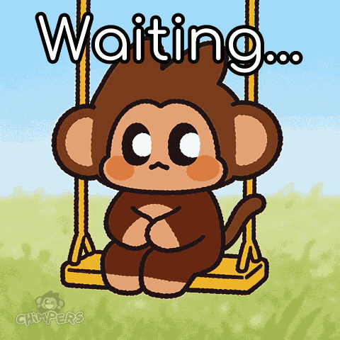 a cartoon monkey is sitting on a swing with the words " waiting " written above him