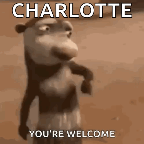 A Cartoon Monkey Is Standing In Front Of A Brown Background And Says Charlotte You 'Re Welcome . GIF