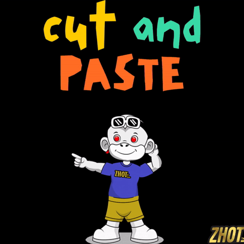 A Cartoon Monkey Is Standing In Front Of A Sign That Says " Cut And Paste " GIF