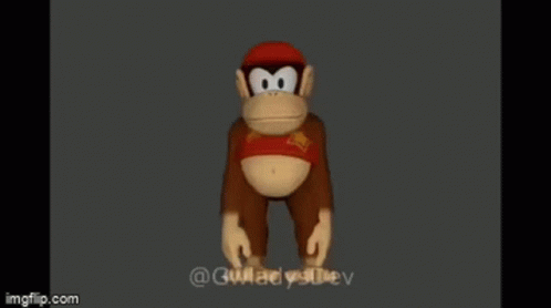 A Cartoon Monkey Is Standing On A Gray Background . GIF