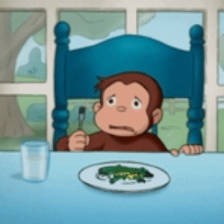 A Cartoon Monkey Sitting At A Table With A Plate Of Food And A Glass Of Milk GIF