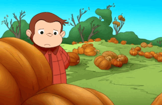 A Cartoon Monkey Stands In A Field Of Pumpkins GIF