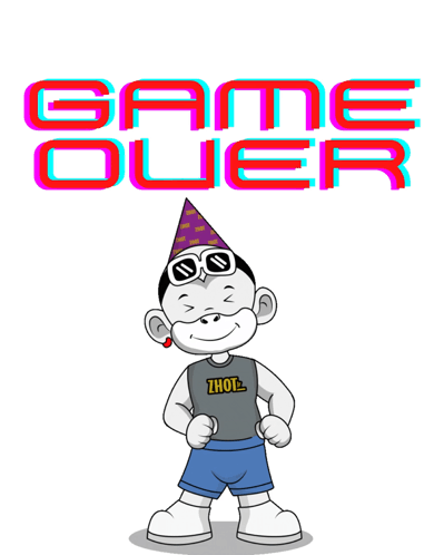 A Cartoon Monkey Wearing A Party Hat And Sunglasses Stands In Front Of A Game Over Sign GIF
