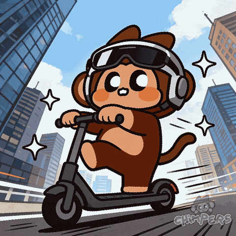 A Cartoon Monkey Wearing Headphones And Goggles Is Riding A Scooter On A City Street GIF