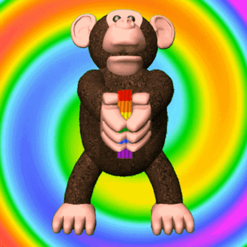 A Cartoon Monkey With A Rainbow Colored Shirt On His Chest GIF